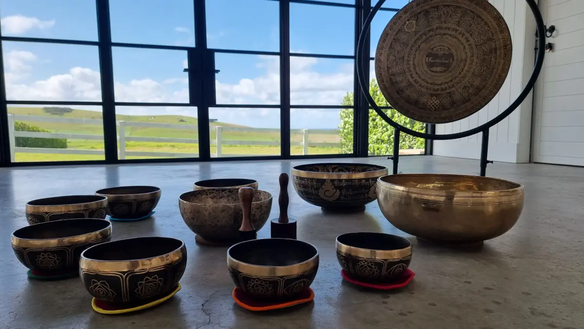 Large and medium sized Tibetan sound bowls and sound healing gong on a cement floor